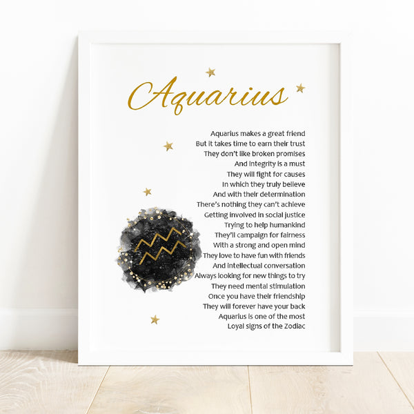 Zodiac Star Sign Gift - Aquarius Horoscope Print - January February Birthday