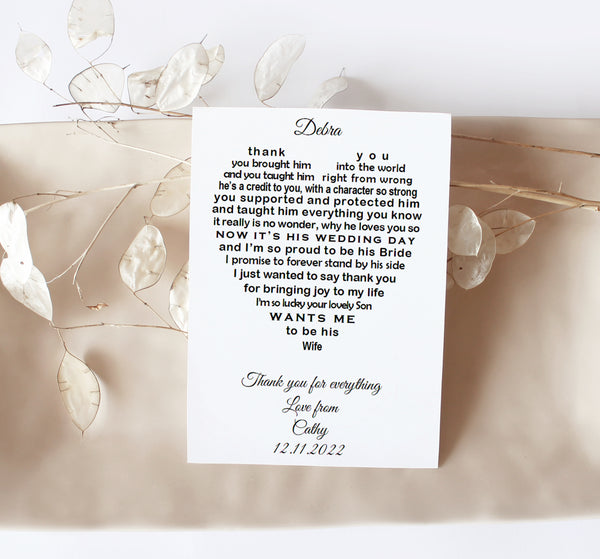 Mother of the Groom gift from Bride -   7x5 Personalised Wedding Poem Print