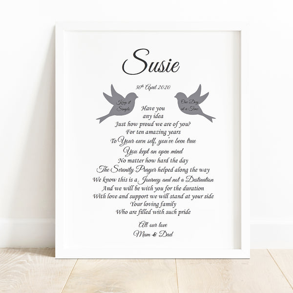 Sobriety Anniversary Gift - 10x8 Sober Birthday Poem Print