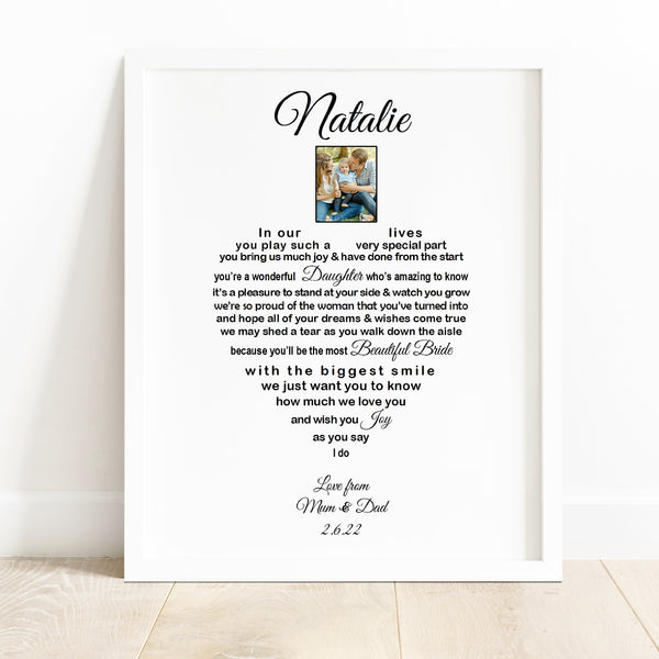 Daughter Wedding Gift from Parents of the Bride - 10x8 Poem Print