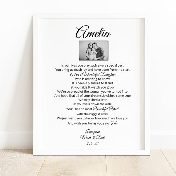 Daughter Wedding Gift from Parents of the Bride - 10x8 Poem Print