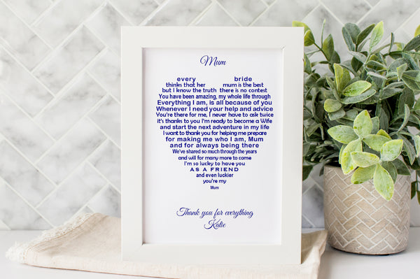 Mother of the bride gift from Daughter -   7x5 Personalised Wedding Poem Print